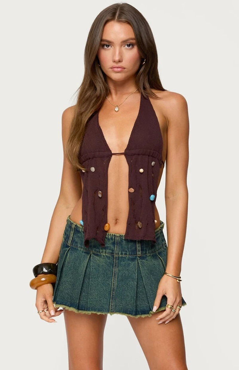 Edikted Beaded Distressed Knit Split Front Top