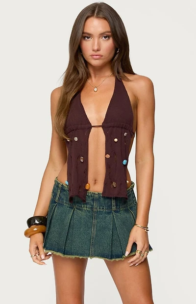 Edikted Beaded Distressed Knit Split Front Top