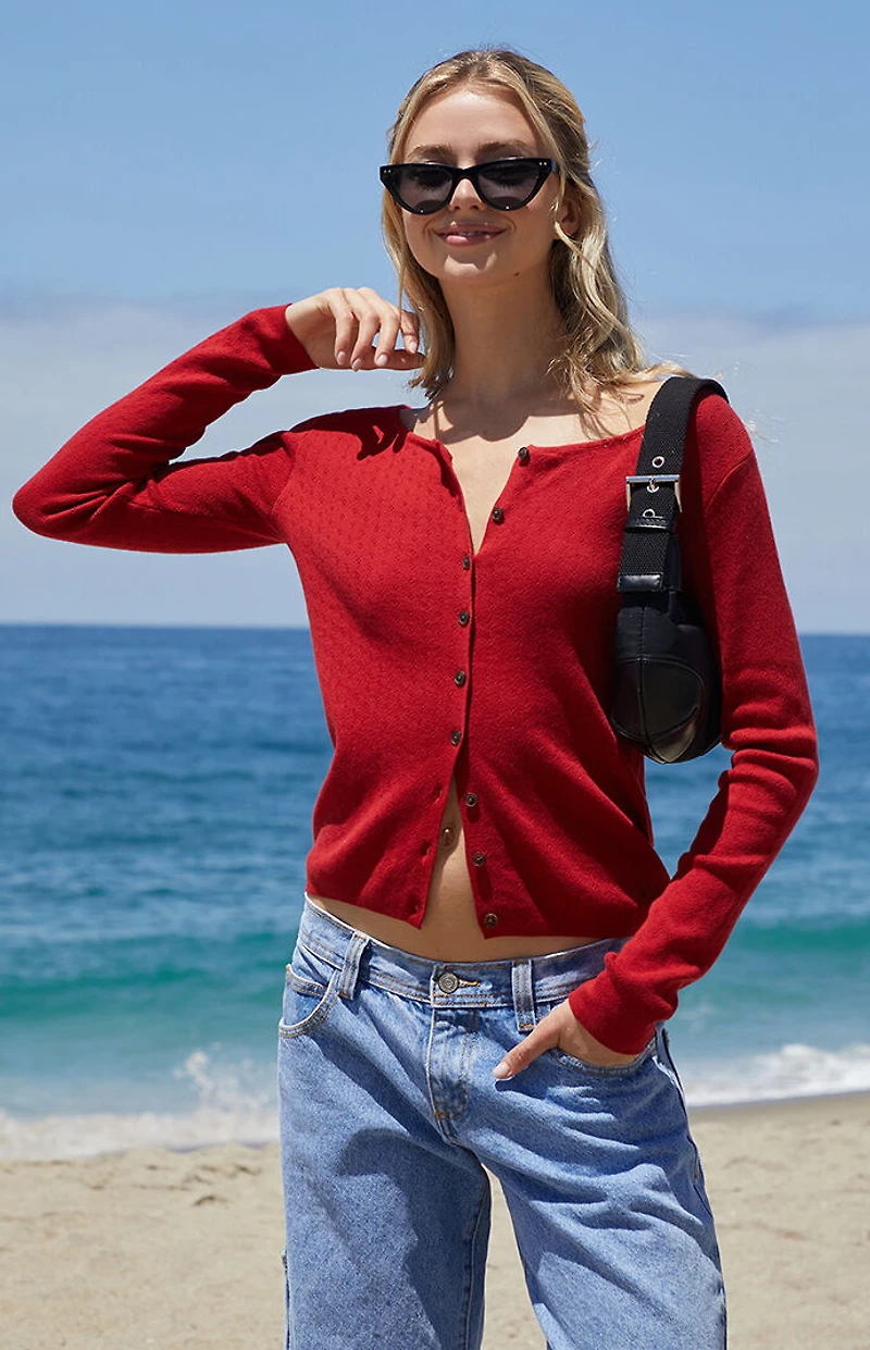 John Galt Red Athelia Pointelle Cardigan