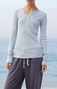 John Galt Light Blue Ribbed Button Long Sleeve Top