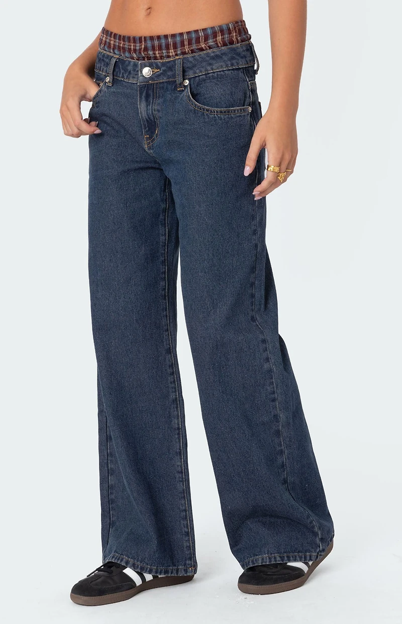Edikted Plaid Boxer Detail Relaxed Jeans