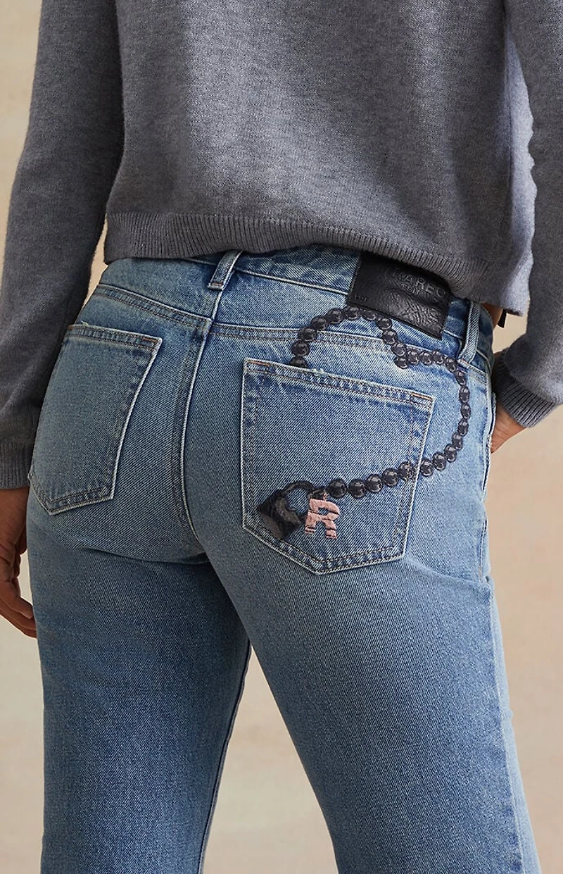 RARE DNM EDIT Light Blue Lock Embroidered Chain Low Rise Bootcut Jeans