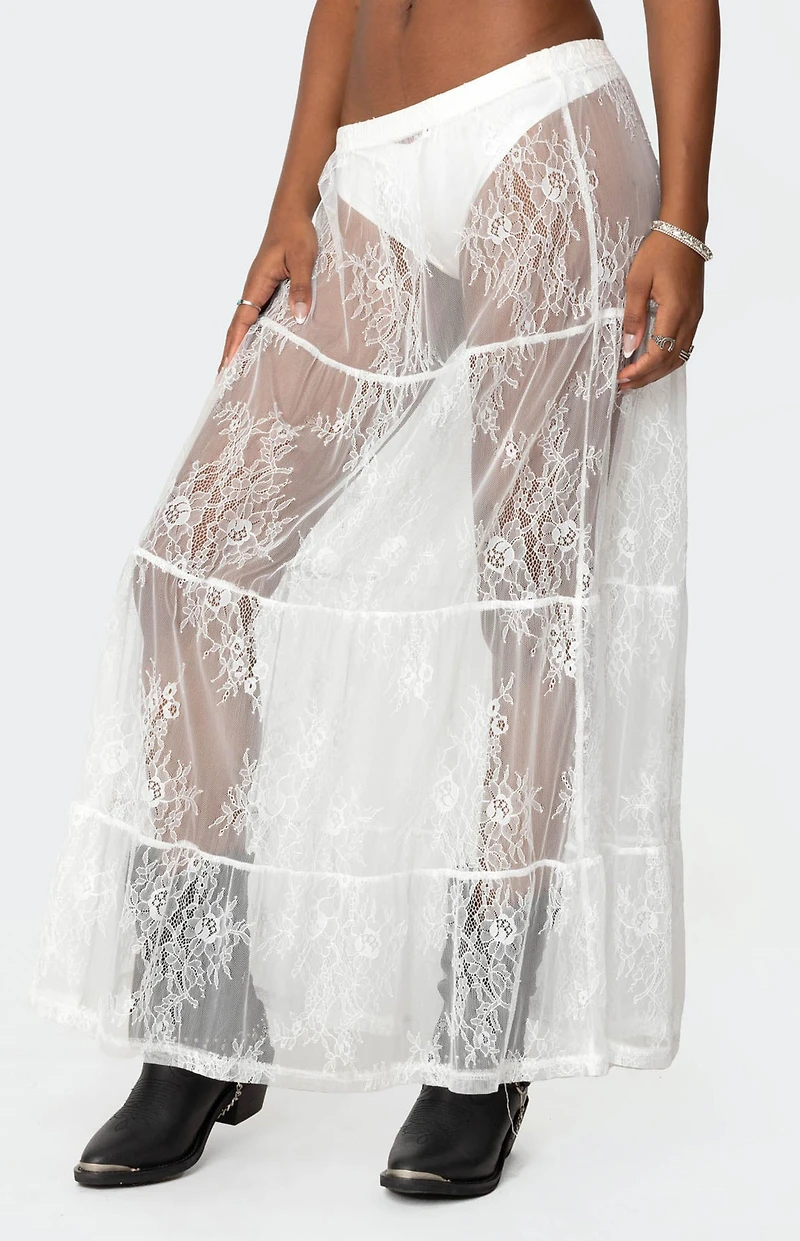 Edikted Tiered Sheer Lace Maxi Skirt