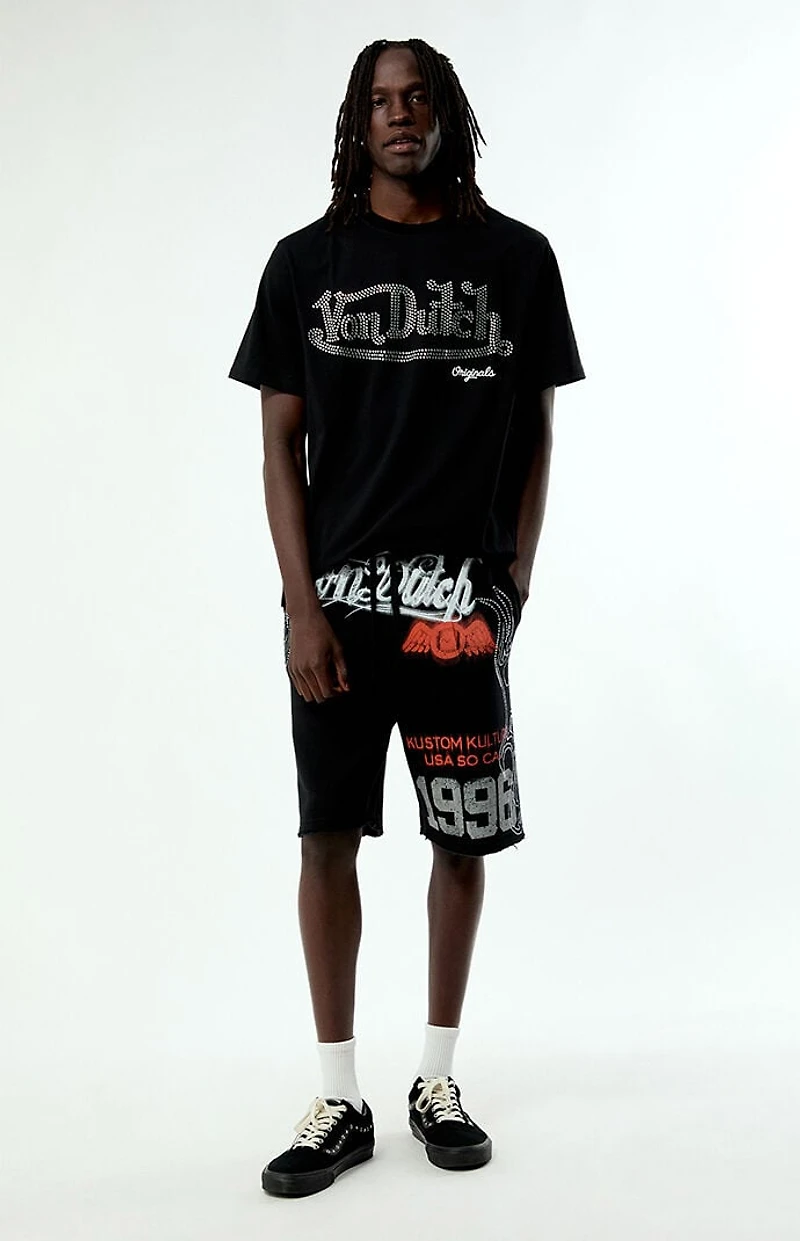 Von Dutch Rhinestone Baggy Fleece Sweat Shorts