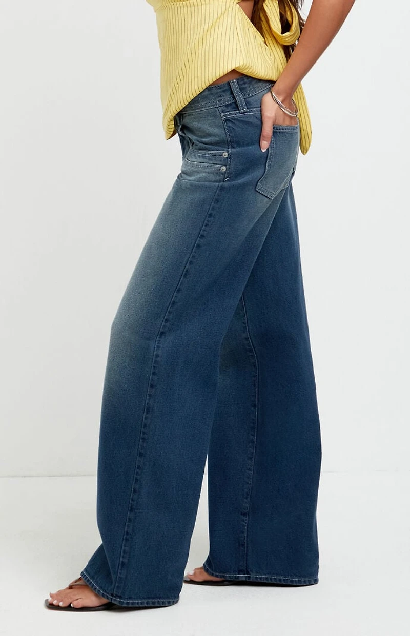 Pacsun Casey Low Rise Baggy Jeans Stacked Scoop Pocket Dark Blue