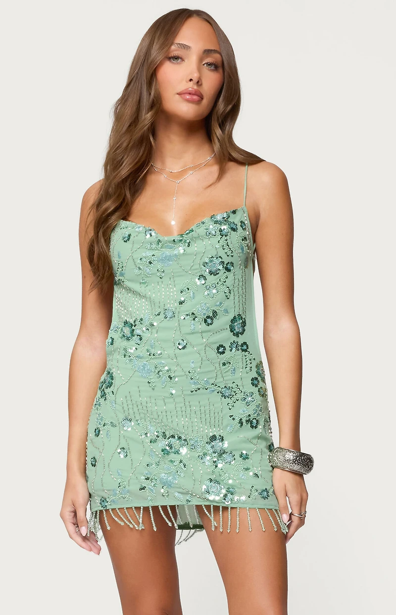 Edikted Embellished Fringed Backless Mini Dress