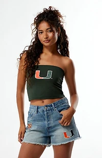 HYPE & VICE Miami Hurricanes High Waisted Relaxed Patched Denim Shorts