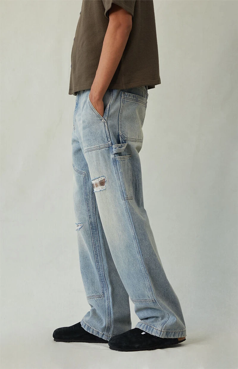 Pacsun Dylan Baggy Jeans Ripped Carpenter Plaid Medium Blue