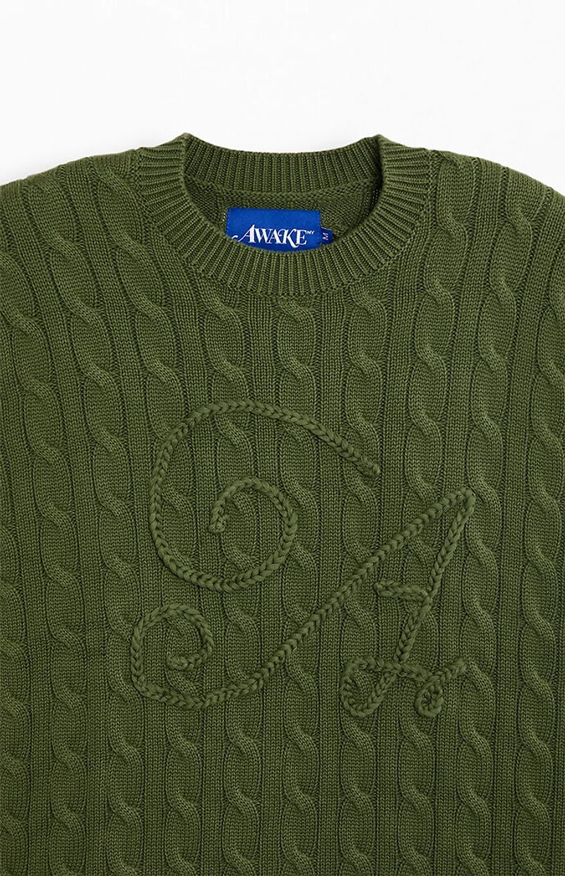 Awake NY Green Cable Knit Applique Crew Neck Sweater
