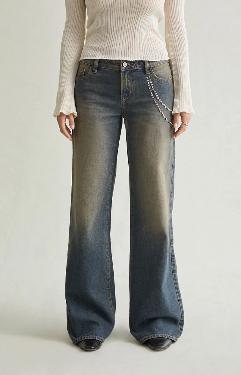 Pacsun Casey Low Rise Baggy Jeans Rhinestone Chain Tinted Blue