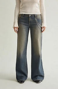 Pacsun Casey Low Rise Baggy Jeans Rhinestone Chain Tinted Blue