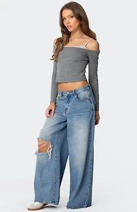 Edikted Off Shoulder Layered Long Sleeve T-Shirt