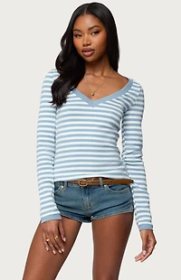 Edikted Kimi Striped Long Sleeve V Neck Top
