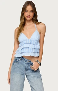 Edikted Tiered Ruffle Backless Striped Halter Top