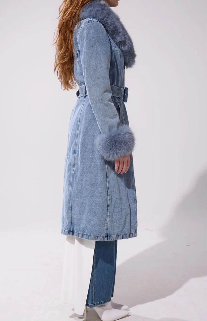AZALEA WANG Kaya Denim Faux Fur Trench Coat