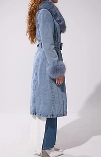 AZALEA WANG Kaya Denim Faux Fur Trench Coat