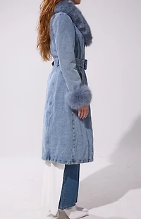 AZALEA WANG Kaya Denim Faux Fur Trench Coat
