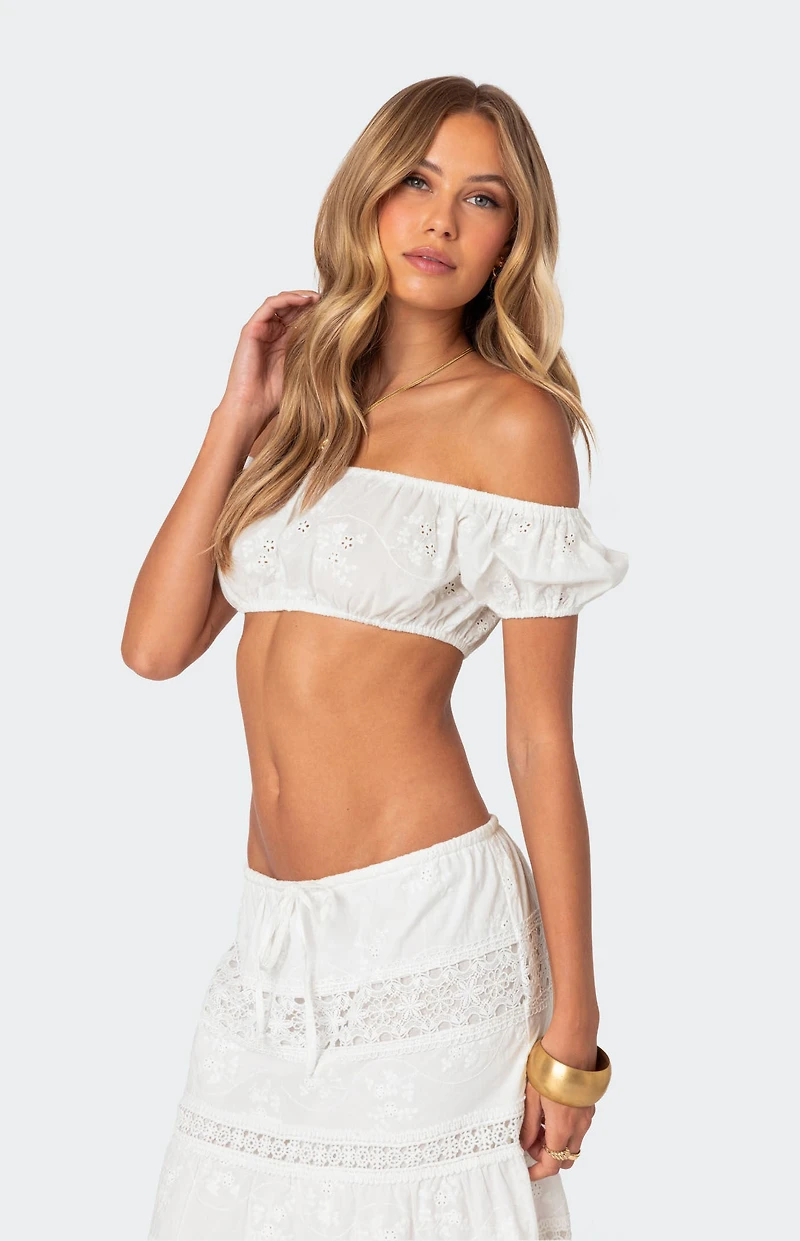 Edikted Skye Off Shoulder Eyelet Crop Top