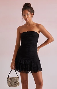 Beverly and Beck Grace Strapless Lace Ruffle Mini Dress