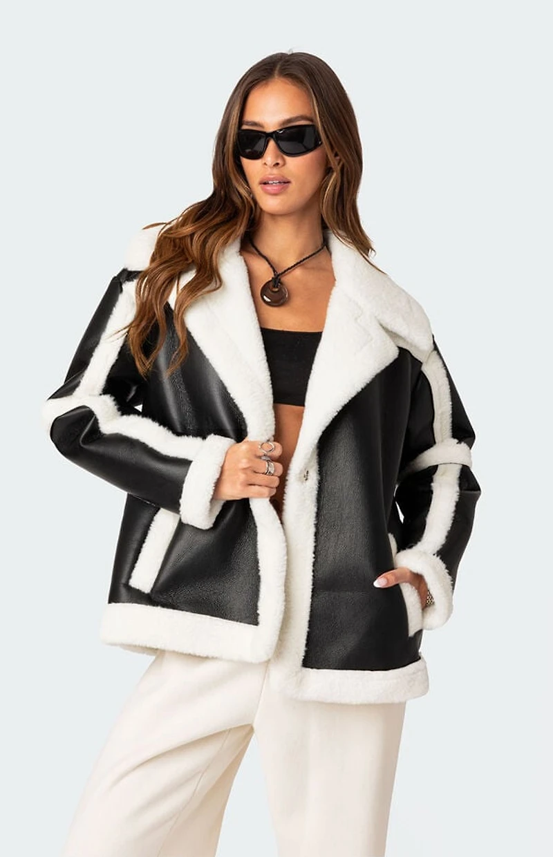 Edikted Rocki Oversized Faux Leather Shearling Jacket