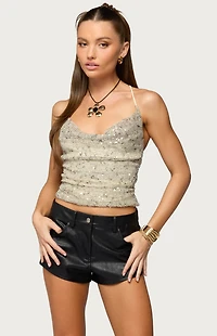 Edikted Sequin Crisscross Backless Cowl Neck Top