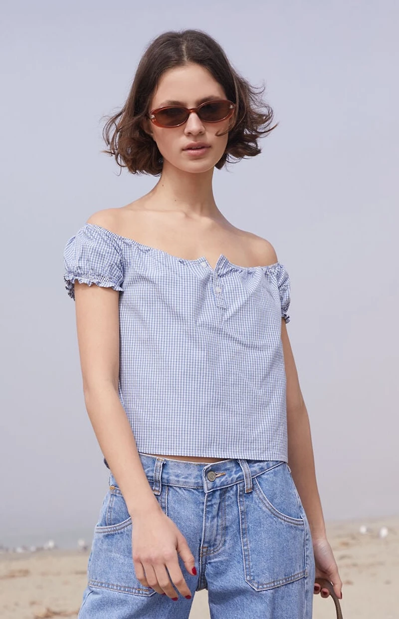 John Galt Blue & White Gingham Clarisse Off-The-Shoulder Top