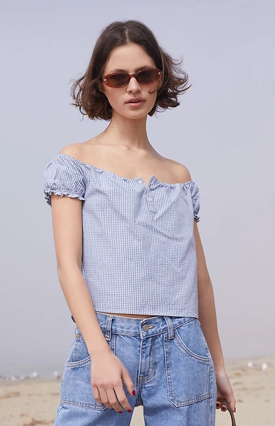 John Galt Blue & White Gingham Clarisse Off-The-Shoulder Top