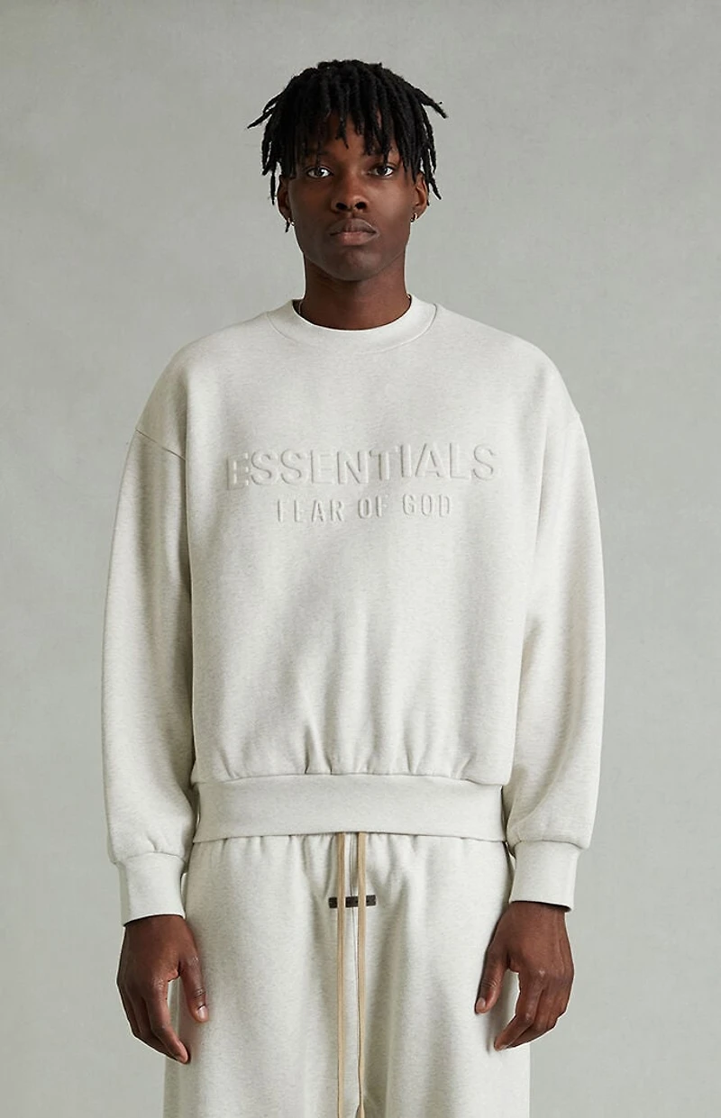 Fear of God ESSENTIALS Heather Oatmeal Embossed Classic Crew Neck Sweatshirt