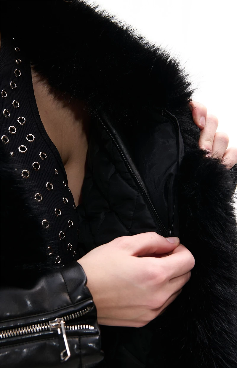 AZALEA WANG Aurelia Black Faux Leather & Fur Moto Jacket