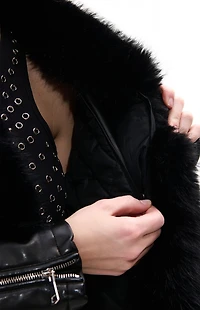 AZALEA WANG Aurelia Black Faux Leather & Fur Moto Jacket