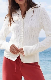 John Galt White Cable Knit Button Down Hooded Sweater