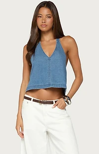 Edikted Teddie Backless Denim Halter Top