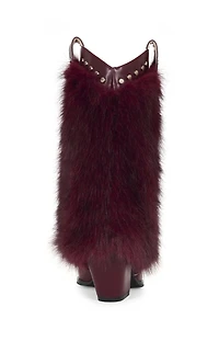 AZALEA WANG Women's Violetta Burgundy Faux Fur Western Booties