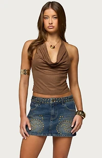 Edikted Adeline Faux Suede Cowl Neck Halter Top