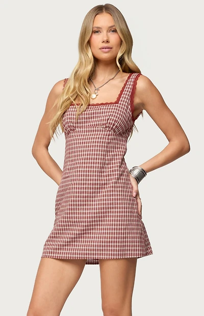 Edikted Clarren Lacey Gingham Mini Dress