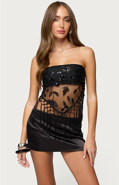 Edikted Sequin Sheer Fringed Strapless Top