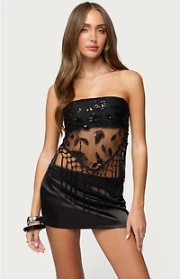Edikted Sequin Sheer Fringed Strapless Top