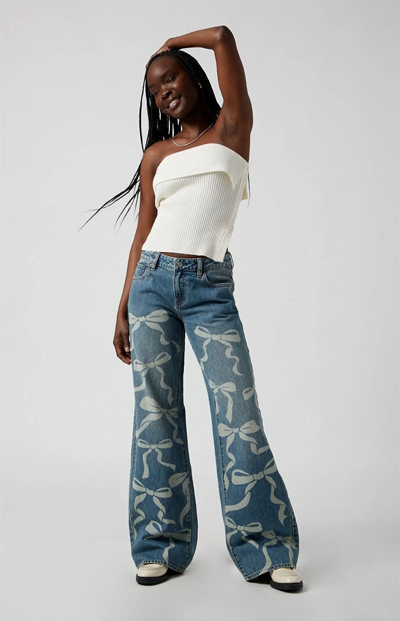 Pacsun Casey Low Rise Baggy Jeans Bow Graphic Medium Indigo