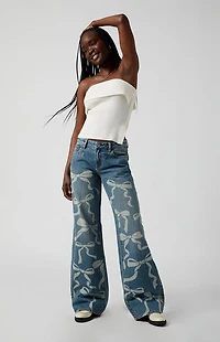 Pacsun Casey Low Rise Baggy Jeans Bow Graphic Medium Indigo