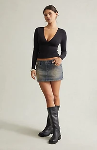 Pacsun Dark Blue Tint Rhinestone Low Rise Denim Micro Mini Skirt