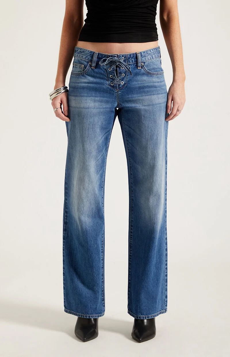 Pacsun Zoe Low Rise Girlfriend Jeans Lace-Up Medium Blue
