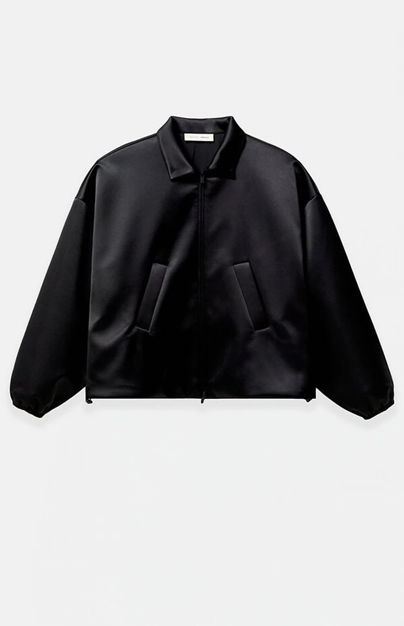 Fear of God ESSENTIALS Jet Black Bonded Satin Zip Up Bomber Jacket