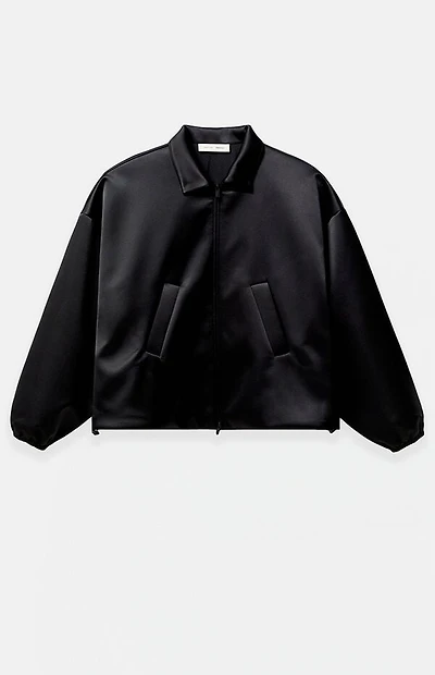 Fear of God ESSENTIALS Jet Black Bonded Satin Zip Up Bomber Jacket