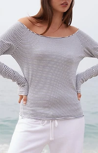 John Galt Light Blue Striped Bonnie Off-The-Shoulder Long Sleeve Top