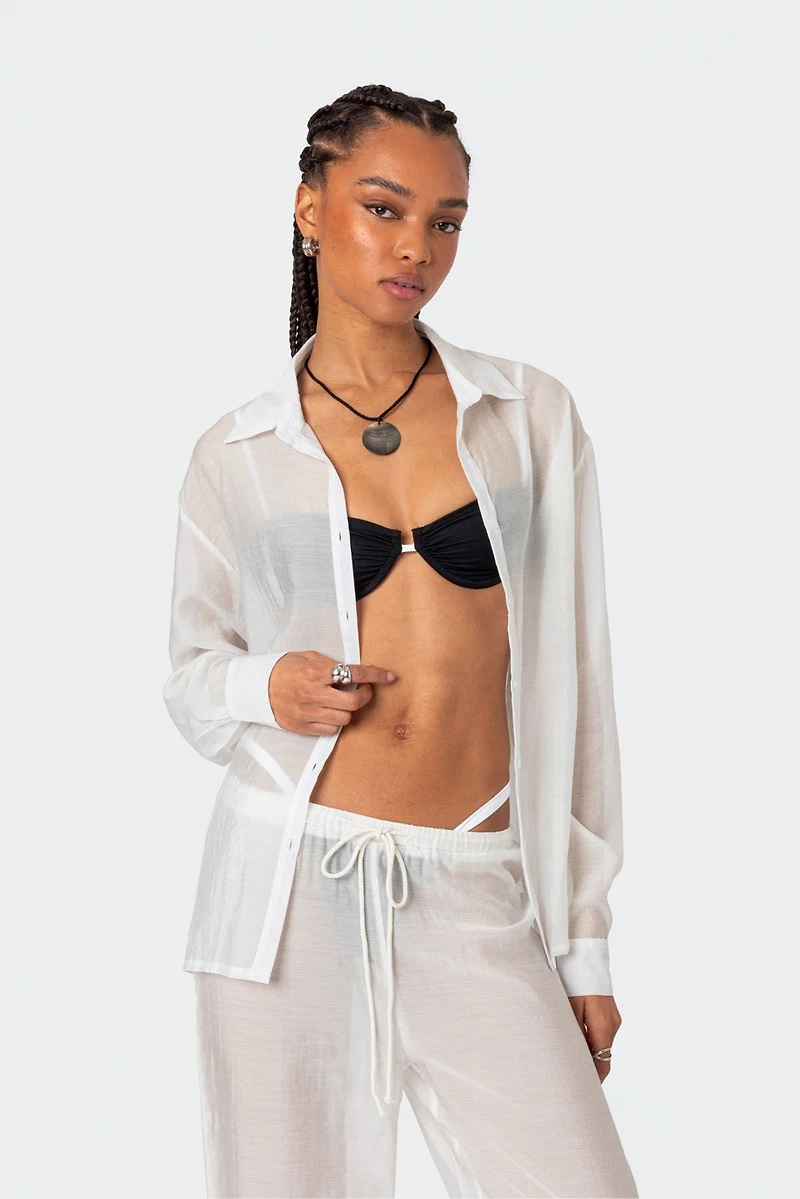Edikted Breezy Oversized Sheer Button Shirt