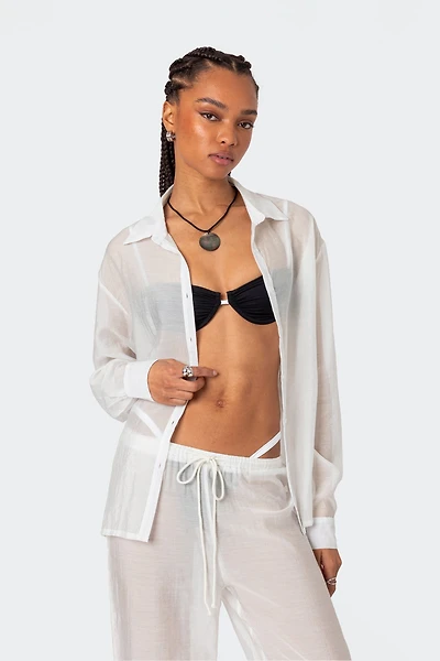 Edikted Breezy Oversized Sheer Button Shirt