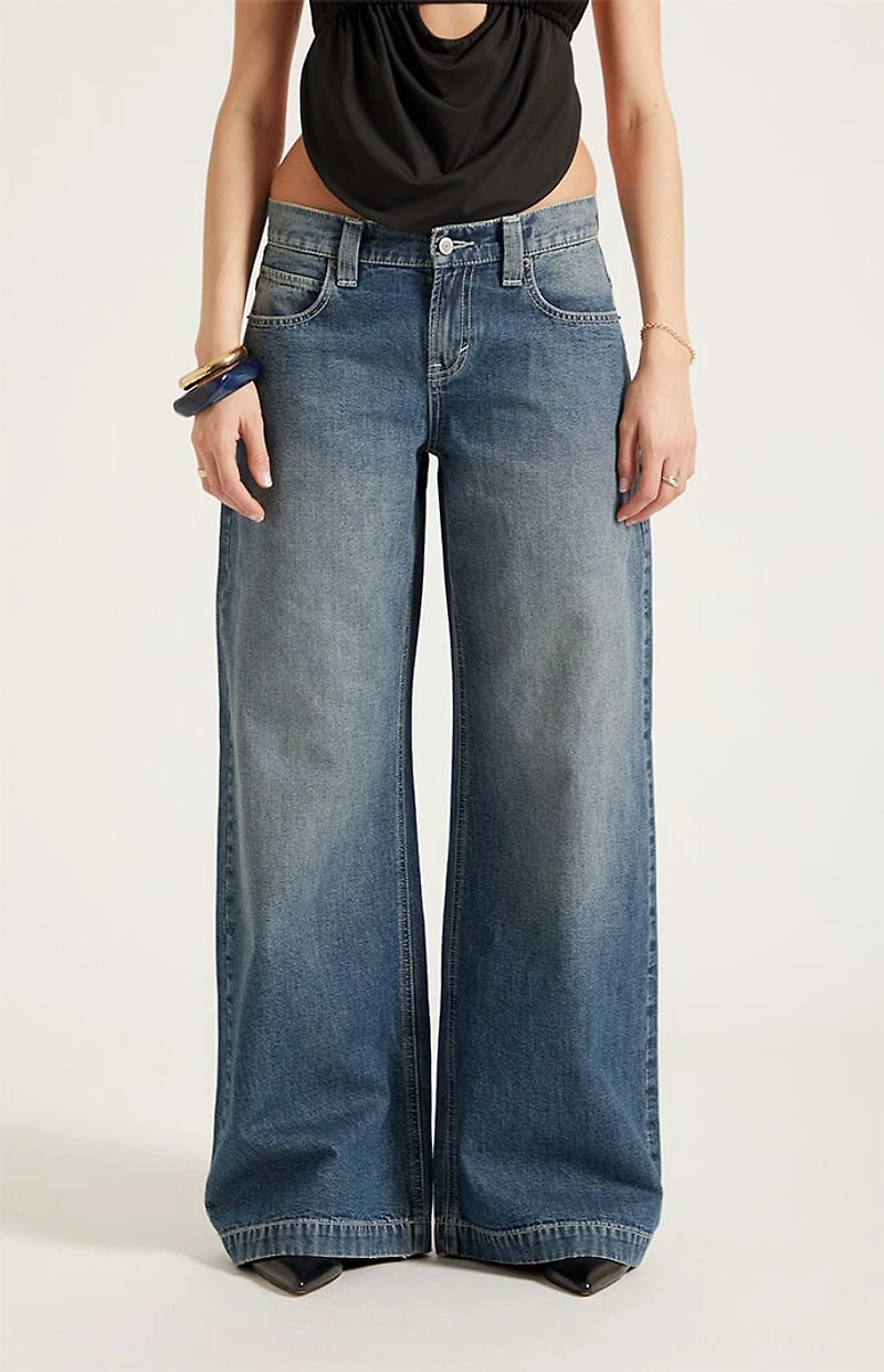 Pacsun Sloane Low Rise Ultra Baggy Jeans Snap-Button Pocket Medium Blue