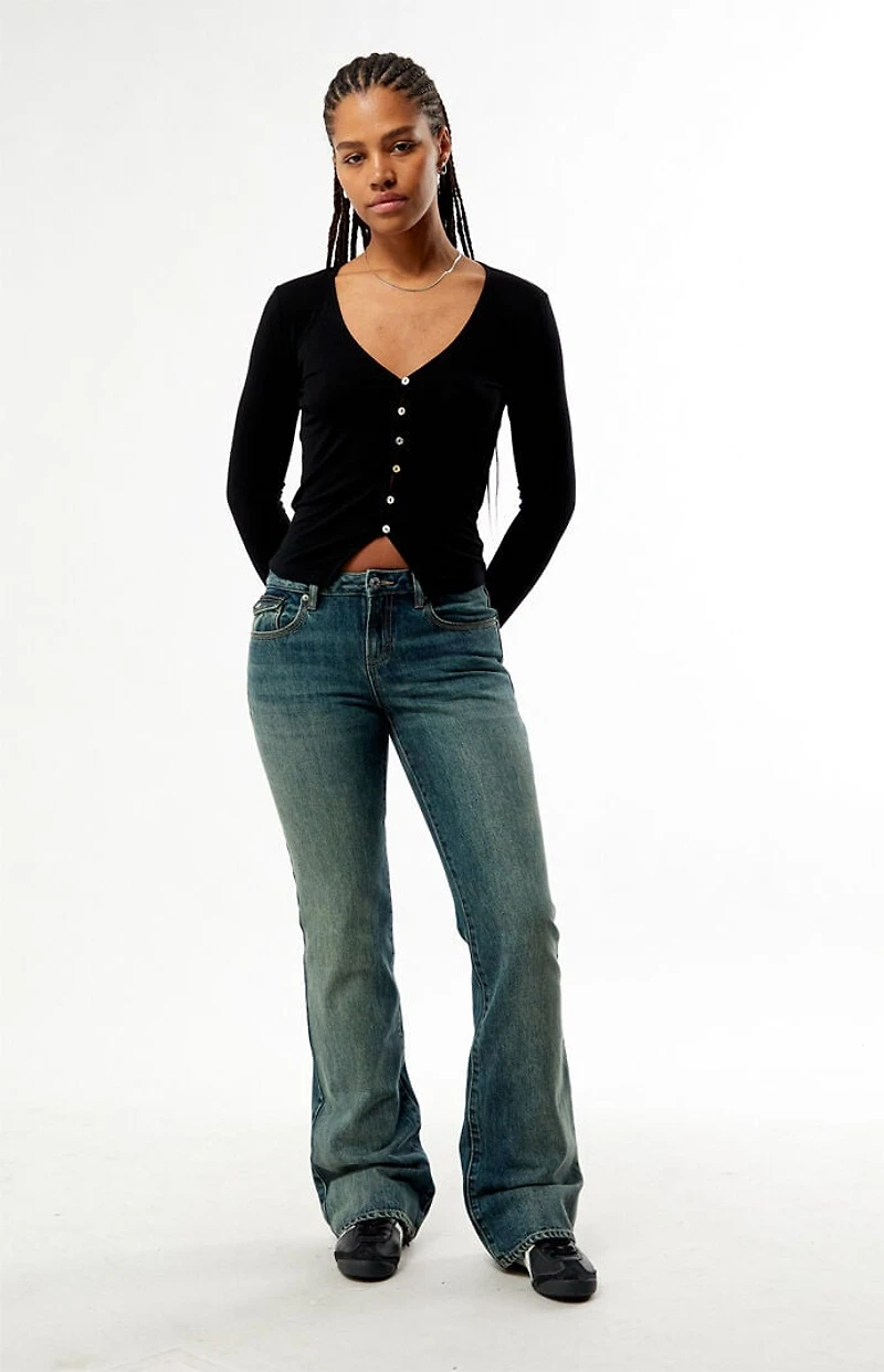 Pacsun Jade Low Rise Bootcut Jeans Button Pocket Dark Blue