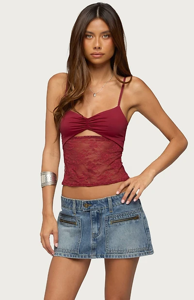 Edikted Damarie Cutout Ruched Sheer Lace Top