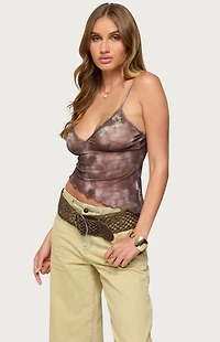 Edikted Embroidered Asymmetric Printed Mesh Top